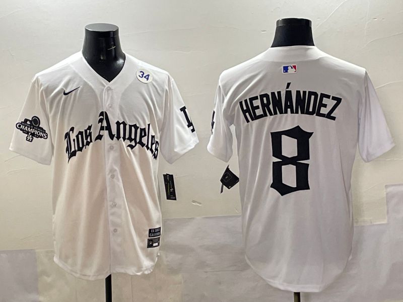 Men 2025 Los Angeles Dodgers 8 Hernandez White Five generations Joint Name Nike MLB Jersey style 51811